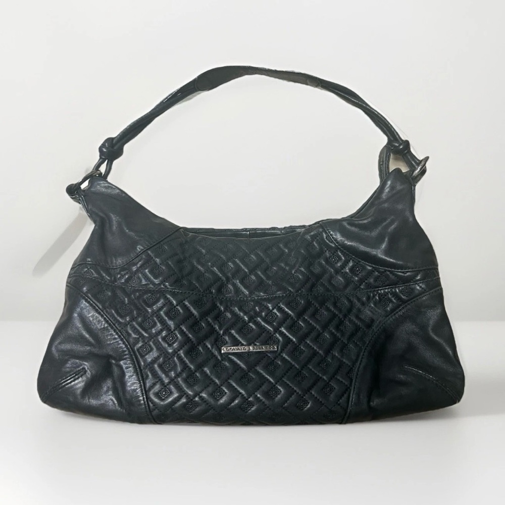 Donald J Pliner Handbag Black Leather Shoulder Bag Medium Quilted Embossed Logo